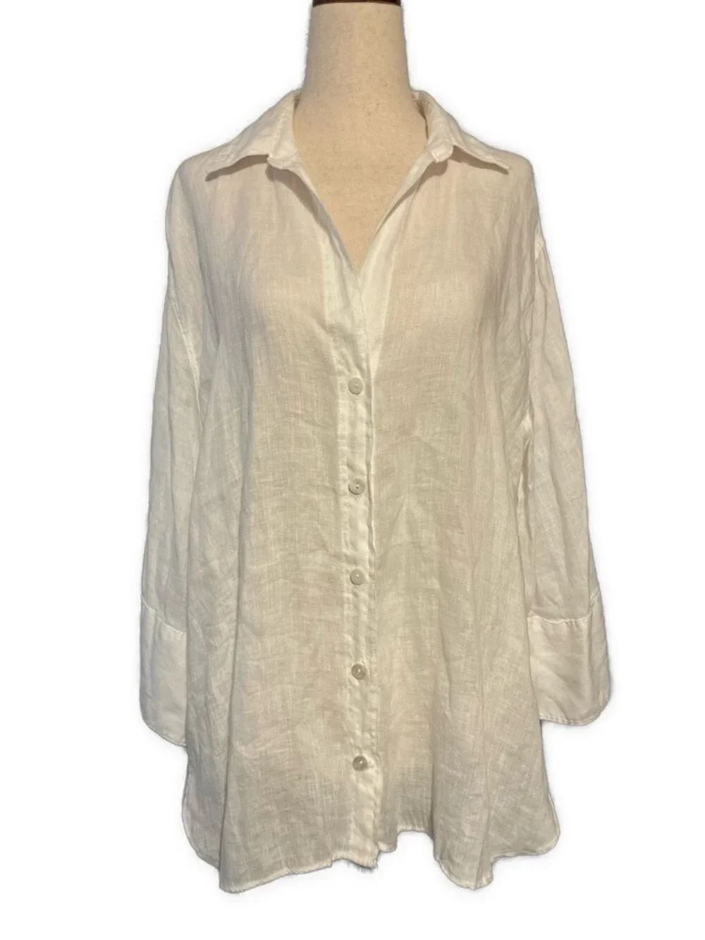 Zara Linen Blend Solid White Oversized Button Front Shirt Blouse Long Sleeve XS